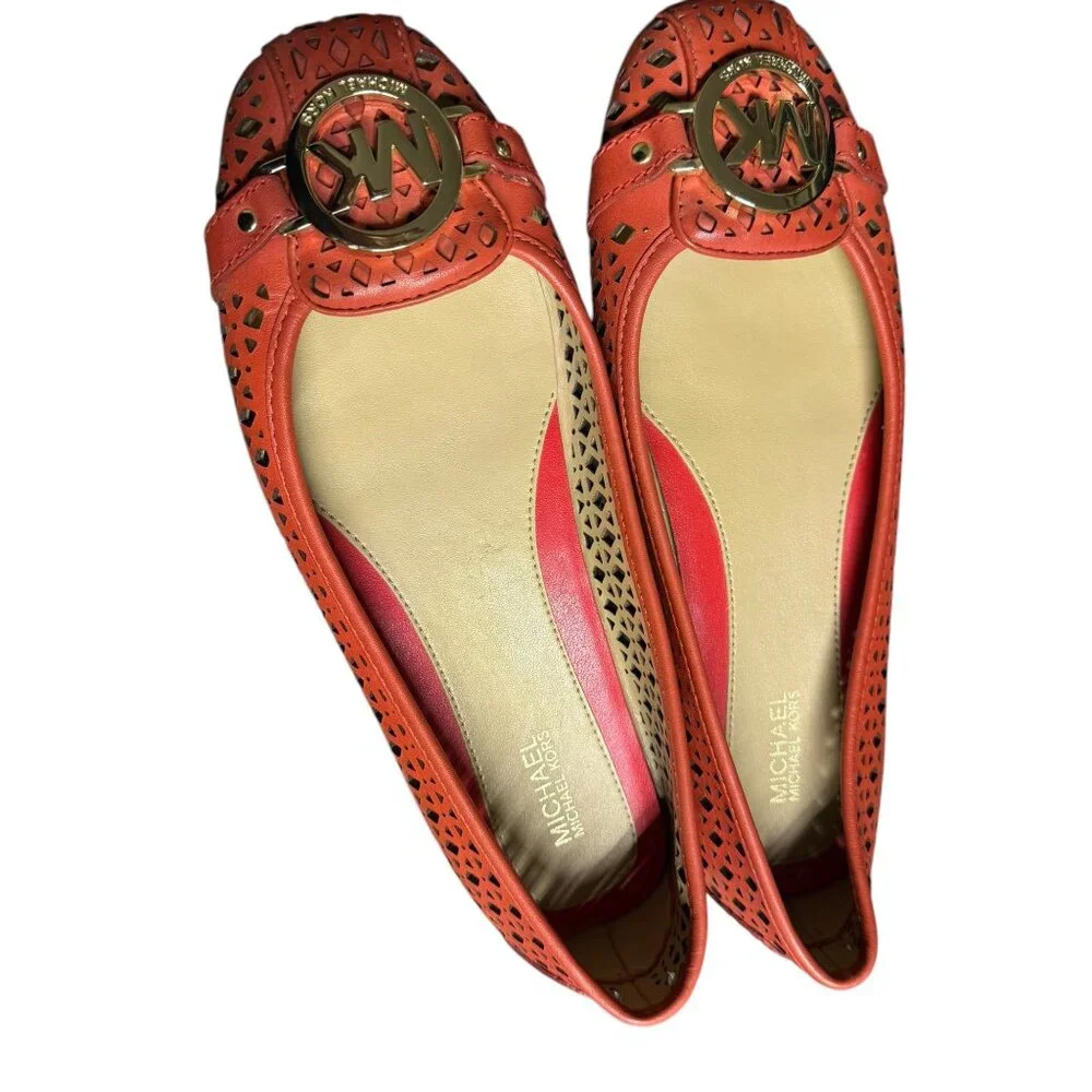 Michael Kors Orange Laser Cut Leather Ballet Flats With Gold MK Logo Womens Size